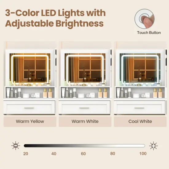 Makeup Vanity Desk with Mirror and Lights Dressing Table and Stool Set-White {6}