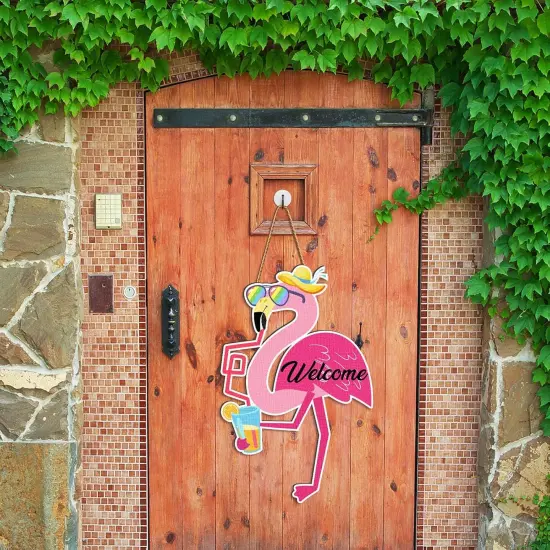 Flamingo Welcome Sign Wood Front Door Decor Summer Hanging Rustic Summer Decor {4}