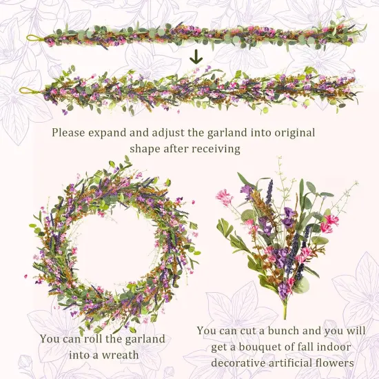 6FT Lavender Flowers Garland with Wildflower, Purple Pink Floral Eucalyptus Vine, Artificial Summer Spring Garland for Mantle Wedding Arch Porch Window Indoor Decor Home Decoration {5}