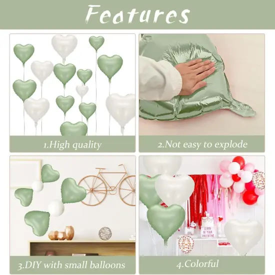 Sage Green White Heart Balloons, 10PCS Green Beige Foil Heart Balloons, 18inch Olive Green Cream White Heart Shape Balloons for Neutral Jungle Birthday Baby Shower Valentines Wedding Party Decorations {4}