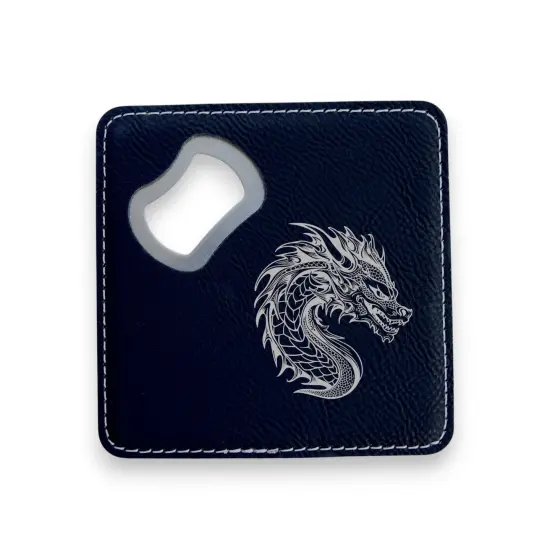 Coaster W/ BOTTLE OPENER - Dragon - SET OF 2 LEATHER Black/Silver {1}
