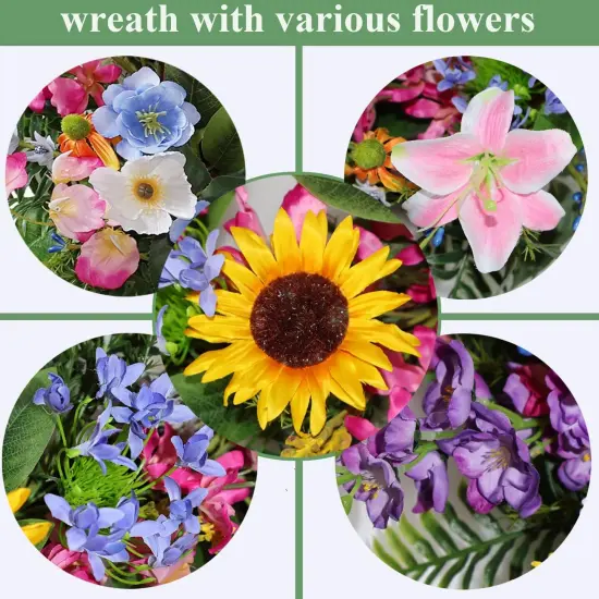 20-22 Inch Summer Floral Wreath Fake Silk Yellow Sunflowers Pink Lily Wild Flowers Floral Wreath with Green Fern Leaves {3}