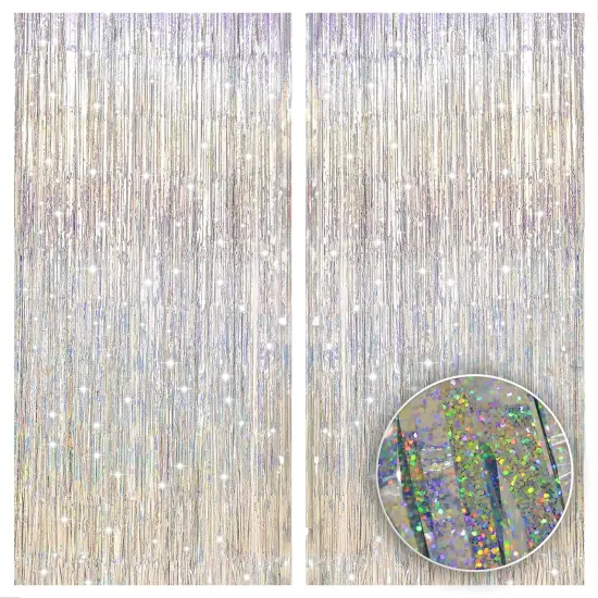 Iridescent Silver Backdrop Curtain - XtraLarge, 3.2x8 Feet Pack of 2 | Silver Fringe Backdrop | Silver Streamer Backdrop, Iridescent Ramadan Decorations for Home | Graduation Decorations {1}
