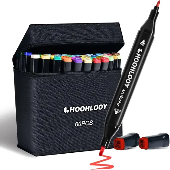 60 Colors Upgraded Alcohol Marker Set, Brush Chisel Double Head Art Marker for Artists Adult Coloring, Sketching, Painting, Comes with Storage Bag {1}