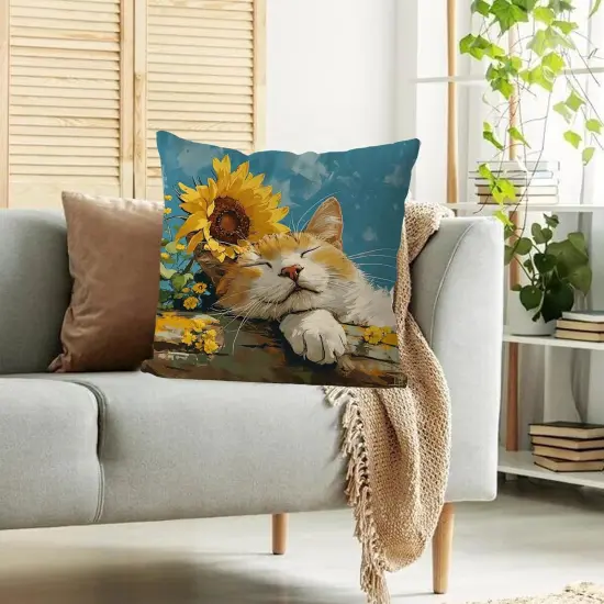 Spring Pillow Covers 18x18 Inch Orange Cat Sunflowers Throw Pillowcase Summer Home Sofa Bedroom Living Room Holiday Cushion Case Modern Decorations {2}