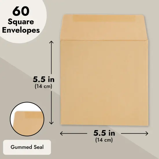 60 Pack Square Envelopes 5.5 x 5.5 Craft Invitations for Weddings, Baby Shower, Graduation Party Supplies, Small Businesses, Kraft Paper Material Envelopes, Brown {4}