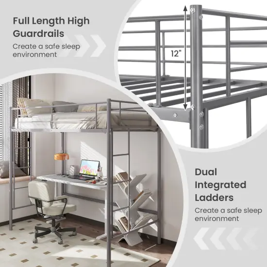 Metal Loft Bed Frame with Dual Ladders, Safety Guardrails and Under-bed Storage Silver {6}