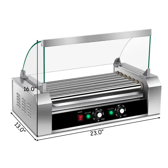 Stainless Steel 18-Hot Dog Roller Grill with Glass Hood & Tray {5}