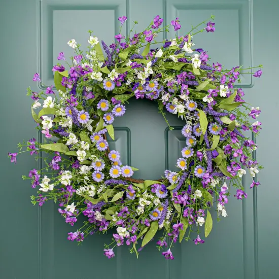 22 Inches Spring Door Wreath Farmhouse Spring Floral Wreaths for Front Door Blue Purple Flower Wreath with Daisy Lavender for Window Front Porch Indoor Outside Decoration {4}
