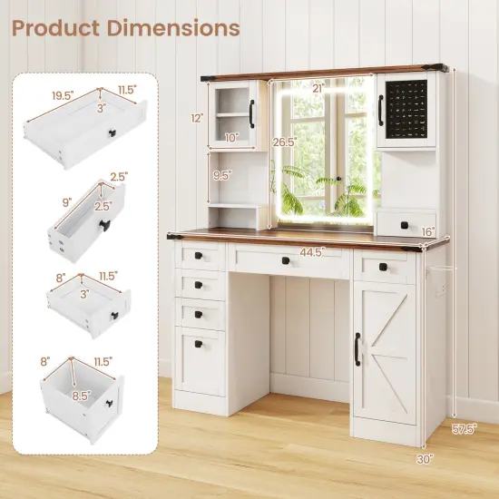 Farmhouse Vanity Desk with Lighted Mirror and 3 Doors-White {4}