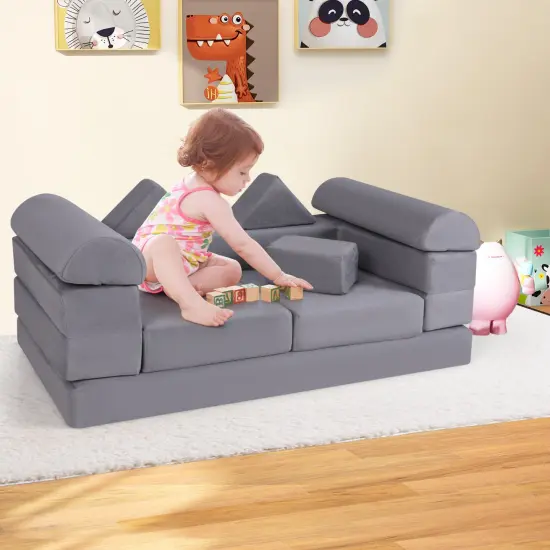 Suede Fabric Convertible Kids Play Couch Set with Foam Blocks and Cushions Gray {2}
