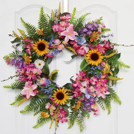 20-22 Inch Summer Floral Wreath Fake Silk Yellow Sunflowers Pink Lily Wild Flowers Floral Wreath with Green Fern Leaves {1}