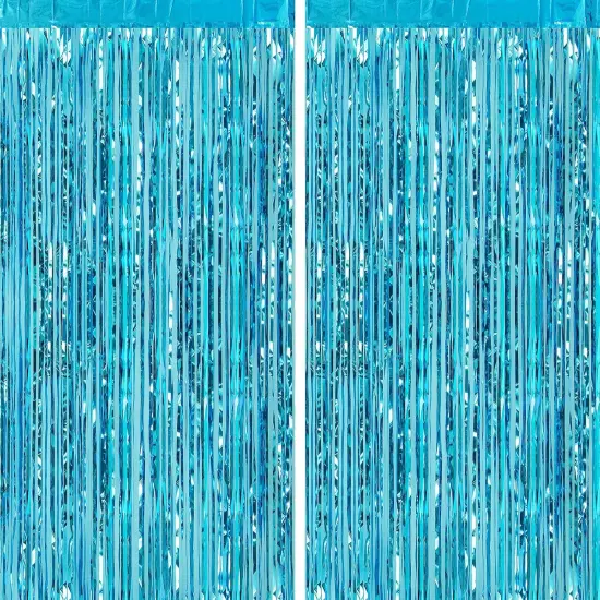 2pcs 3ft x 8ft Light Blue Metallic Tinsel Foil Fringe Curtains Backdrop for Frozen Mermaid Blue Birthday Party Decorations, Baby Shower Bachelorette Bridal Shower Party Decorations {1}
