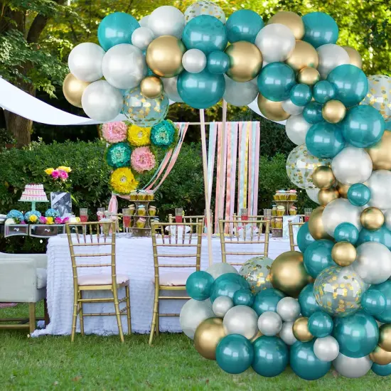 Matte Turquoise Blue Pearl White Balloons Garland Arch Kit Metallic Gold Balloon with Gold Confetti Latex Balloon Teal Blue Balloons Chrome Gold Party Decorations {3}