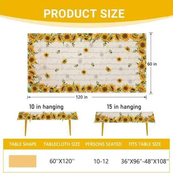 Spring Summer Sunflower Rectangle Tablecloth 60 x 120 Inches, Fall Autumn Flower Floral Decorative Dining Table Cloth, Seasonal Dinner Table Cover Picnic Party Decoration {2}