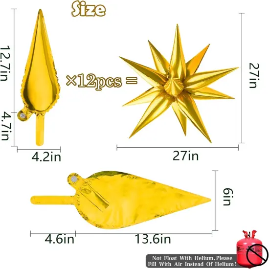 60 PCS Gold Star Balloons, 12 Point Spike Explosion Star Foil Balloons for Birthday, Wedding, Graduation Decorations Anniversary Backdrop (Gold) {2}
