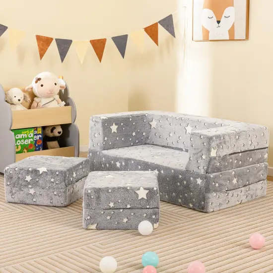 2 Seater Kids Play Couch with Removable and Machine Washable Flannel Cover-Gray Grey {1}