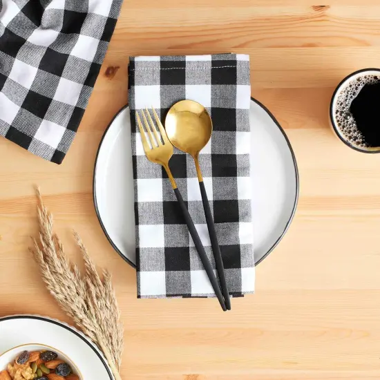 12 Pack Dinner Napkins, 18x18 Inches, Buffalo Plaid Gingham Check Cloth Napkins with Mitered Corners, 100% Cotton Hotel Quality Reusable, Washable (Black/White) {2}