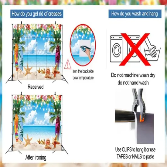 Summer Hawaiian Beach Backdrop Tropical Palm Flower Surfboard Starfish Glitter Beach Photography Background {5}