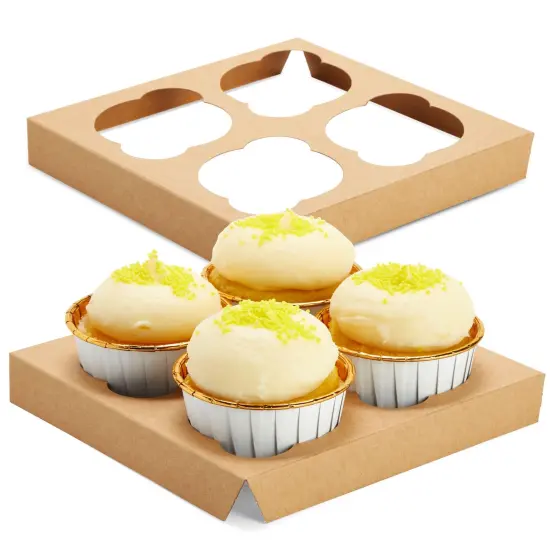 24 Pack Cupcake Containers with Windows, 6x6 Boxes with 4 Count Inserts for Muffins (Kraft Paper) Brown {7}
