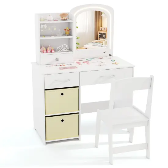 White MDF Kids Vanity Set with LED Mirror, Storage Drawers and Child-Safe Features {1}