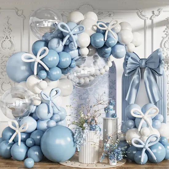 Dusty Blue Balloons Arch Kit, 134 Pcs Muted Light Baby Slate Blue and White Balloon Garland mit 18 Inch Pale Blue Clear Balloon *5, Long Balloon as Bow Decor for Baby Shower Boy Gender Reveal Wedding {1}
