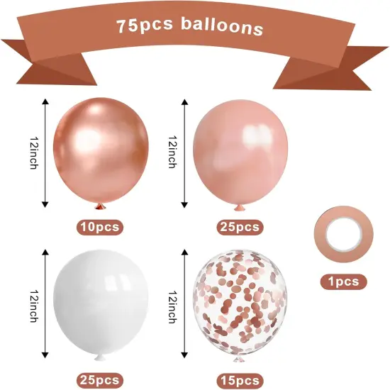 75 Pcs 12 Inch Rose Gold Balloons,Rose Gold and White Balloons,Rose Gold Metallic Latex Confetti Balloons for Birthday Wedding Engagement Bridal Shower Bachelorette Party Decorations {3}