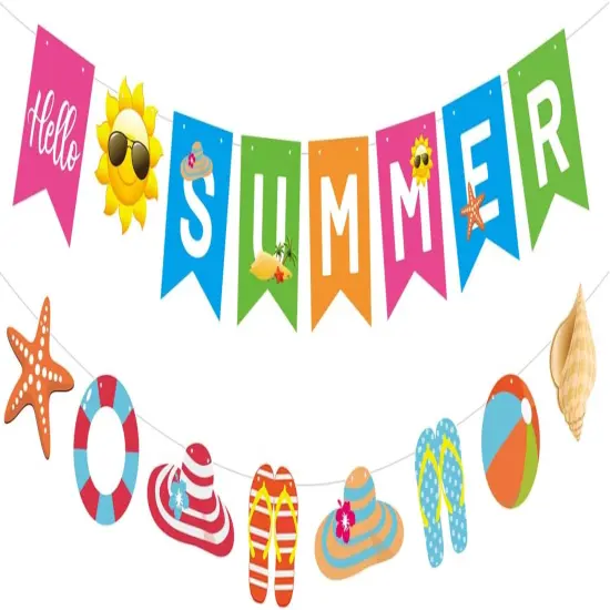 Hello Summer Banner and Beach Patterns Banner Colorful Summer Bunting Banner with Sun Signs Summer Beach Pool Party Banner for Wall Mantle Fireplace Party Hanging Decorations {1}