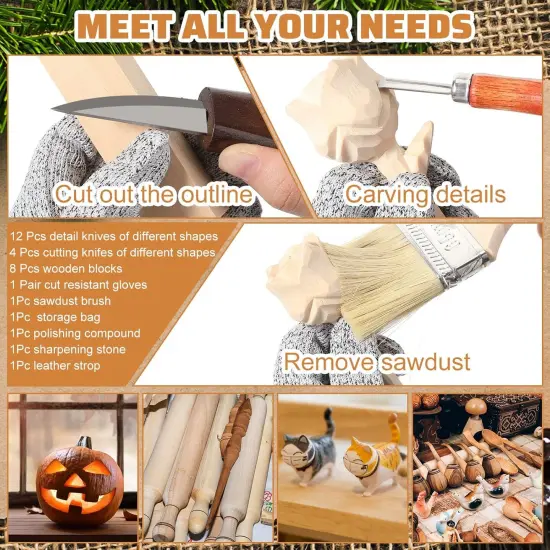 30 Pcs Wood Carving Tools Whittling Kit Include Hand Carving Knife Set Wood Blocks Cut Resistant Gloves Sawdust Brush Sharpening Stone Polishing Wax Sharpening Leather Storage Bag for Beginners {3}