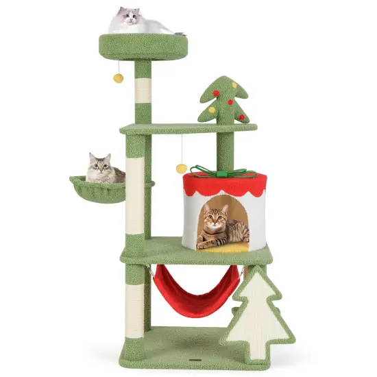 Green and Red Christmas Cat Tree with Condo, Scratcher and Hammock {1}