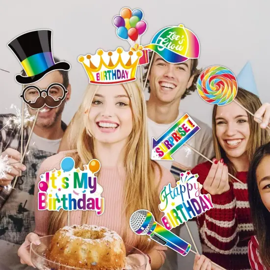 29 Pieces Birthday Photo Booth Props Kit Colorful Funny Kids Adult Birthday Theme Table Centerpiece Craft Cutouts with Bamboo Sticks& Stickers for Party Celebration Decorations {2}
