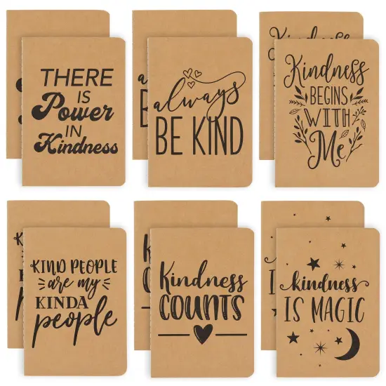 12 Pack Small Blank Pocket Notebook A6 - 6 Inspirational Kindness Quotes - 5.75 x 4 x 0.1 Brown Lined Kraft Paper Journals for Students to Write Stories, Classroom Supplies {1}