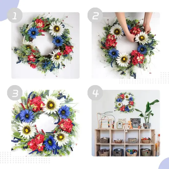 20 Inch 4th of July Independence Day Artificial Sunflower Red White and Blue Hydrangea Wreath Wall Decor {4}