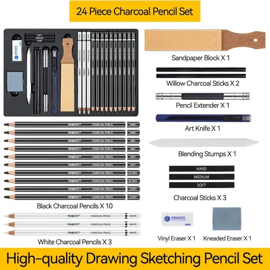Charcoal Pencils Drawing Set, 24 Piece Black & White Charcoal Pencils for Drawing, Sketching, Shading, Blending, Artist Pencils for Kid, Beginners & Pro Artists {2}