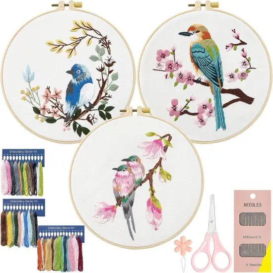 3 Sets Embroidery kit for Beginners Adults Embroidery Starter Kit with Hummingbird Flower Pattern and Instructions Stamped Cross Stitch Kits {1}