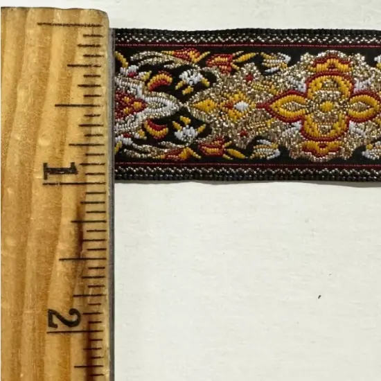 1" Jacquard Woven Metallic Ribbon Trim - 10 Continuous Yards! Black/red/gold {2}