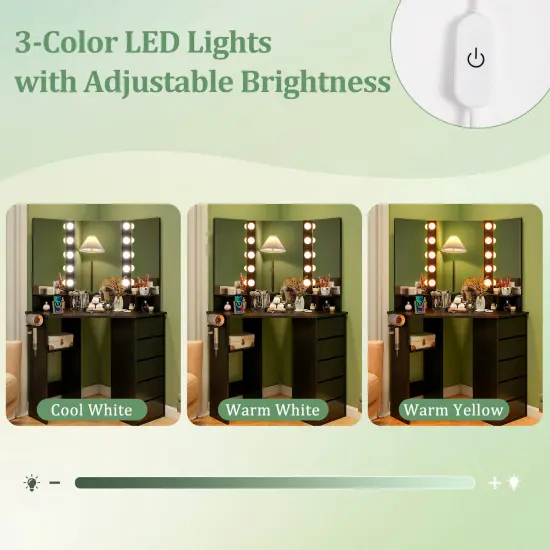 5 Drawers Corner Vanity Desk with LED Mirror and Charging Station Storage Shelves for Bedroom Black {6}