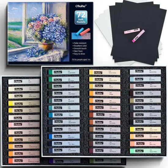 72 Long Chalk Pastel Set: 72 Soft Pastels Markers For Artists 4 Fluorescent Colors With 6 Pastel Papers Included for Drawing Blending Layering Shading Pastels Set {1}