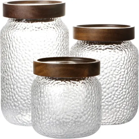 Glass Jars with Lids, Set of 3 Storage Jars with Airtight Lids Acacia Wood Top Glass Canisters - 12oz, 17oz, 25oz {1}