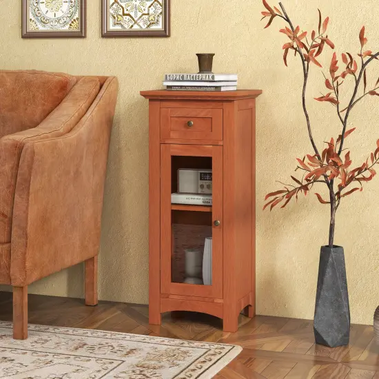 MDF Storage Cabinet with Glass Door, Drawer and Adjustable Shelf Brown {6}