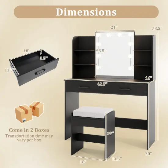 Vanity Set with Lighted Mirror and Stool for Easy Storage and Charging Black {4}