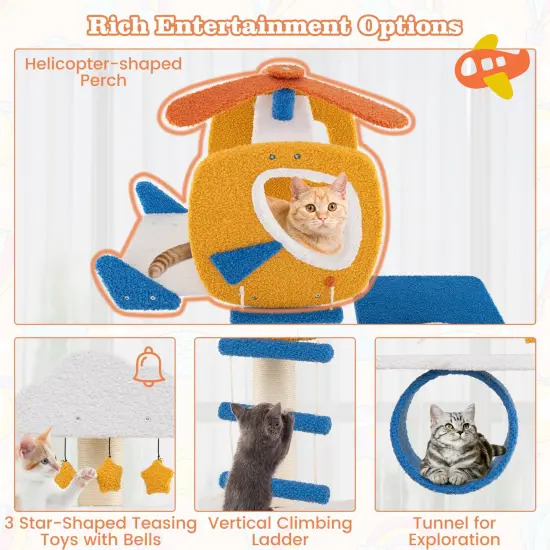 70 Inch Tall Aviation-Themed Cat Tree Tower with Helicopter Top Perch Ideal for Indoor Cats {6}
