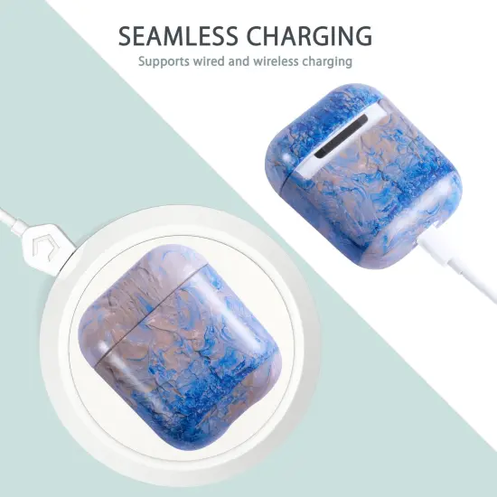For Apple AirPods 2 / 1 Case, Blue and Gray Marble Protective Cover with Keychain for Women Men {4}