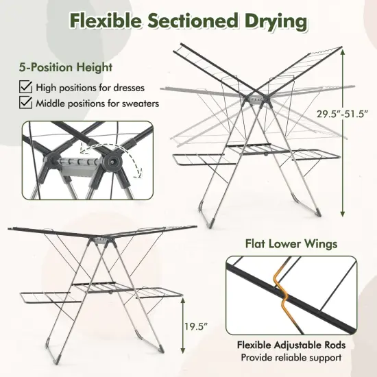 2-Tier 33 Drying Rails Clothes Drying Rack with Height Adjustable Gullwings and Metal Tubes Frame {6}