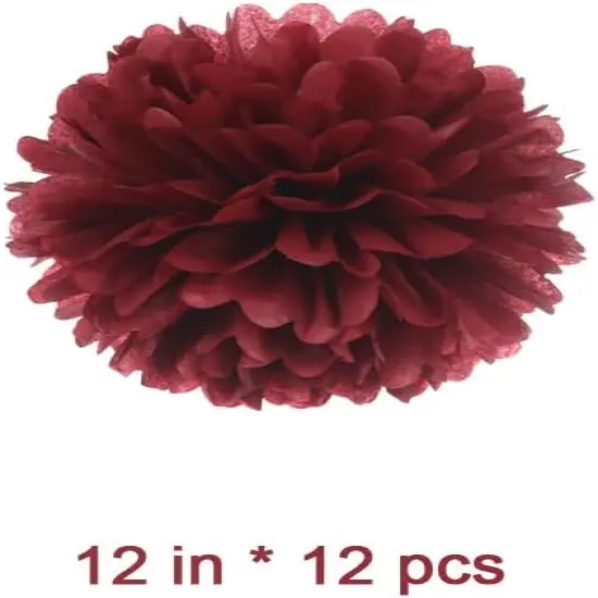 12" Burgundy Tissue Pom Poms DIY Hanging Decors Paper Flower Balls for Bridal Shower Birthday Party Wedding Backdrop Dessert Table Decoration Supplies, Pack of 12 {3}