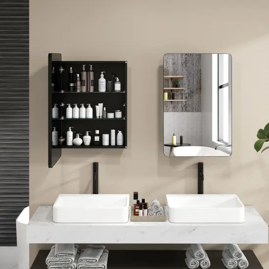 Black Aluminum Bathroom Cabinet with Mirrored Door, Adjustable Shelves and Waterproof Frame {3}