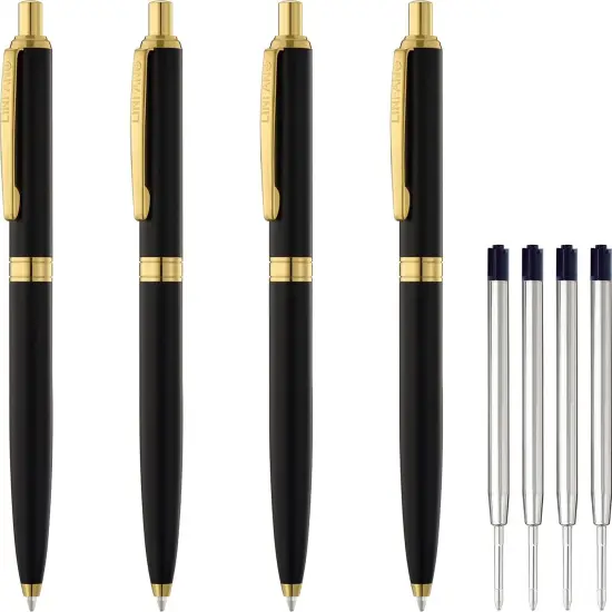 4 Pack Ballpoint Pens, Premium Retractable Metal Ballpoint Pen, Matte Black with Gold Trim, Medium Point 1.0mm Black Ink Pen for Home School Work Office Supplies, Extra 4 Refills {1}