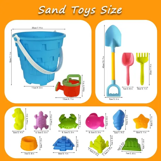 Summer Beach Sand Toy Set for Kids, 15PCS Sand Toys with Beach Bucket, Watering Can, Big Shovel, Rake, Sea Animal Molds Sand Castle Building Kit for Boys, Girls, Toddlers {4}