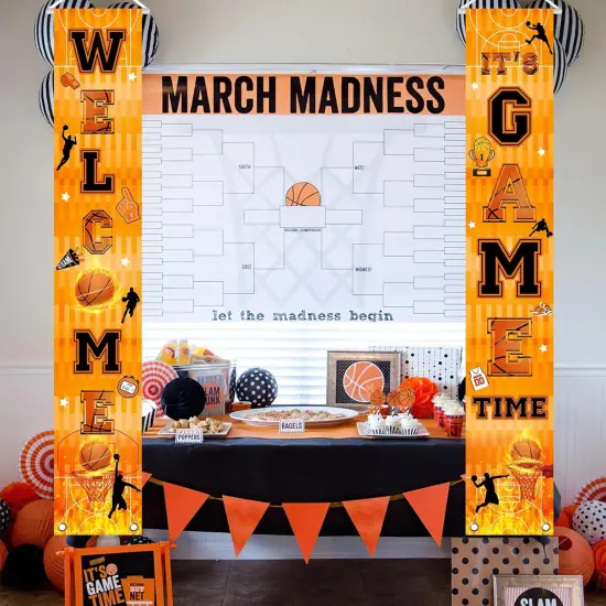 Basketball Party Banner Welcome It's Game Time Porch Sign Sport Basketball Hanging Door Banner for Basketball Birthday Baby Shower Party Decorations, Orange {2}