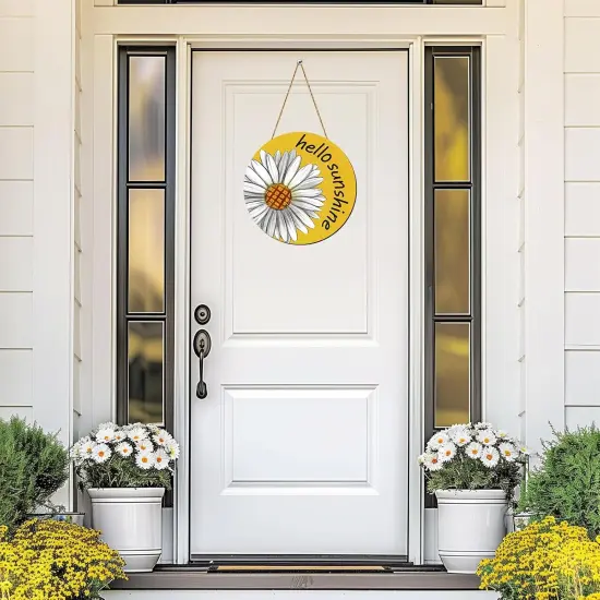 Summer Decor Daisy Front Door Decor Hello Sunshine Wreaths for Front Door Wreath Rustic Wooden Sign Hanger {2}
